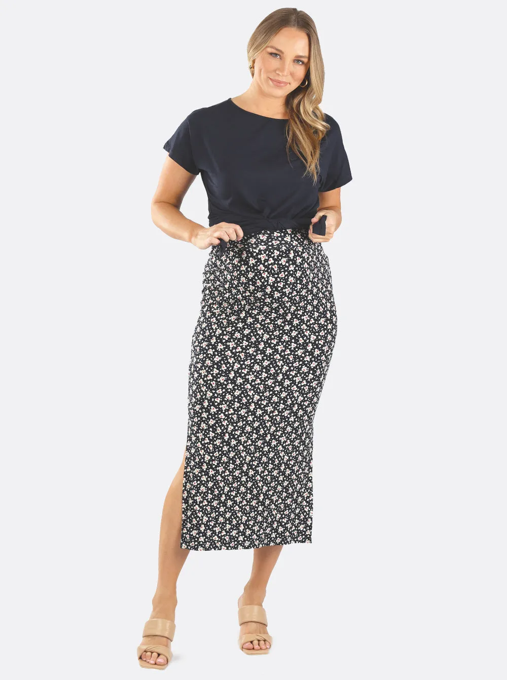 2-piece set- Reversible Navy Maternity Tie Front Tee and Skirt