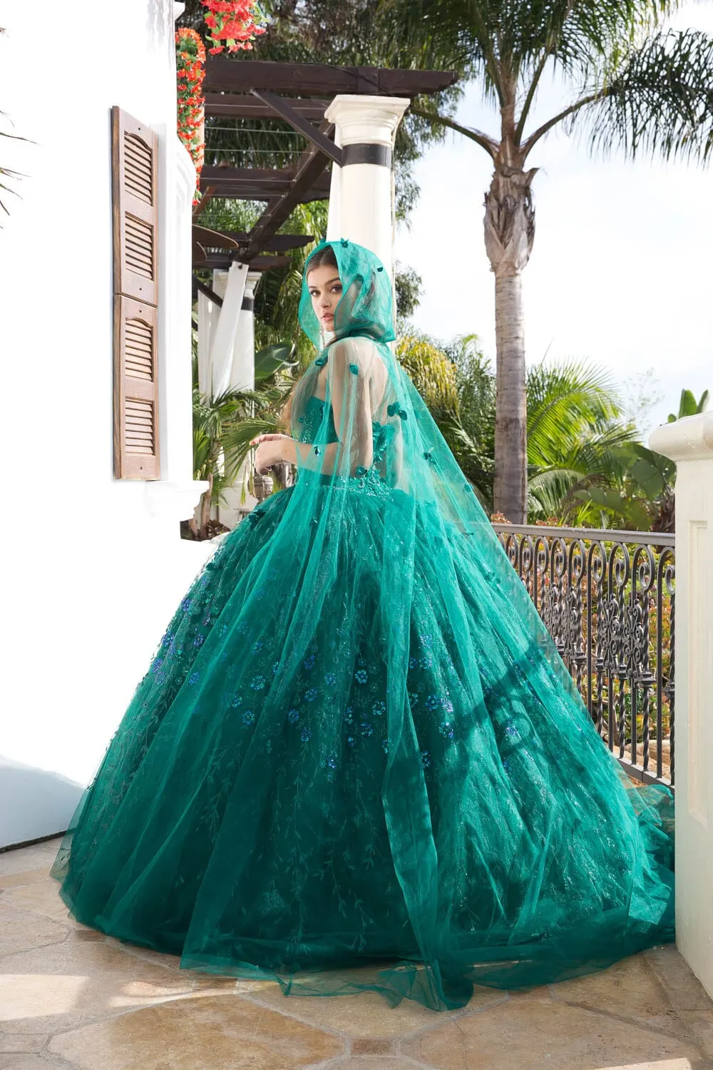 3D Floral Sweetheart Cloak Ball Gown by Petite Adele PQ1004