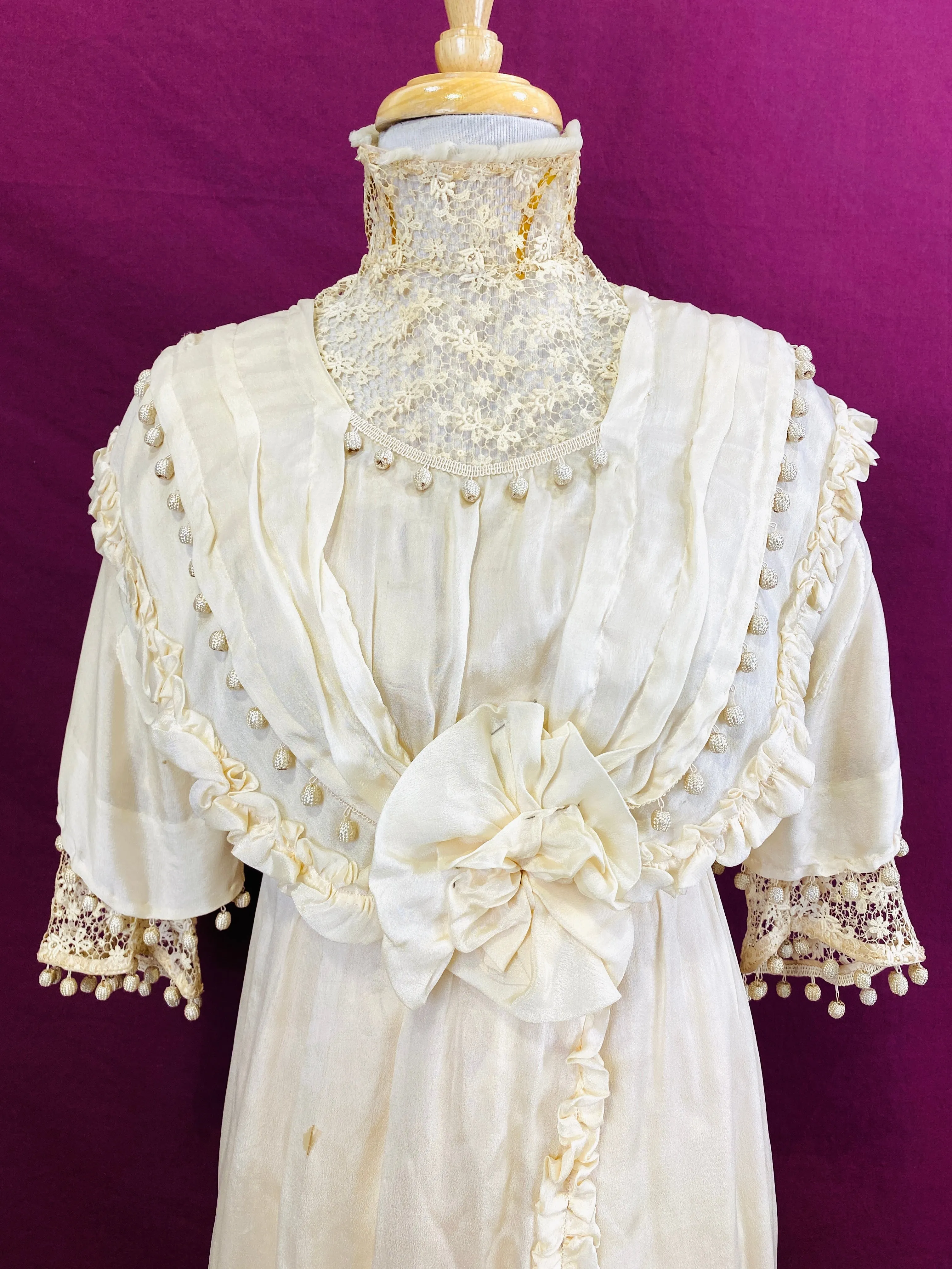 Antique Edwardian 1910s Cream Silk Chiffon & Crochet Dress, XXS