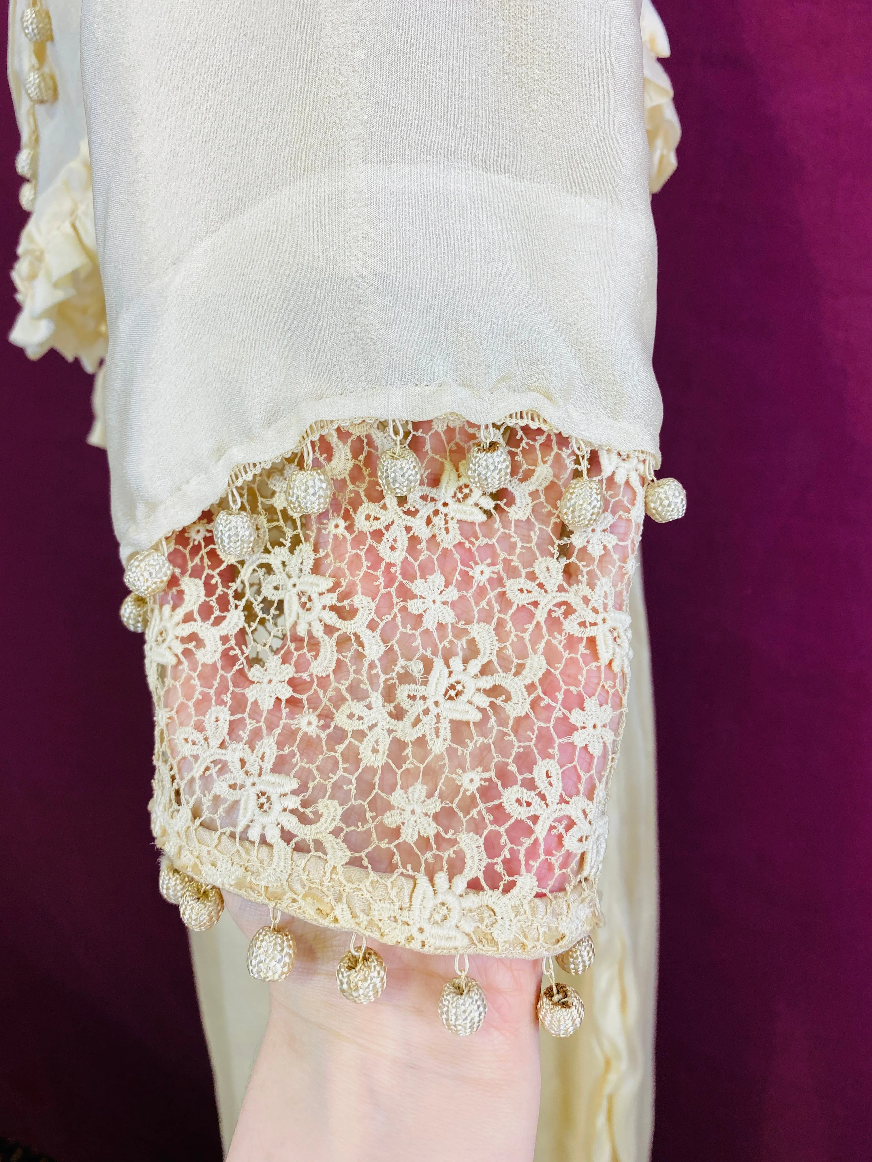 Antique Edwardian 1910s Cream Silk Chiffon & Crochet Dress, XXS