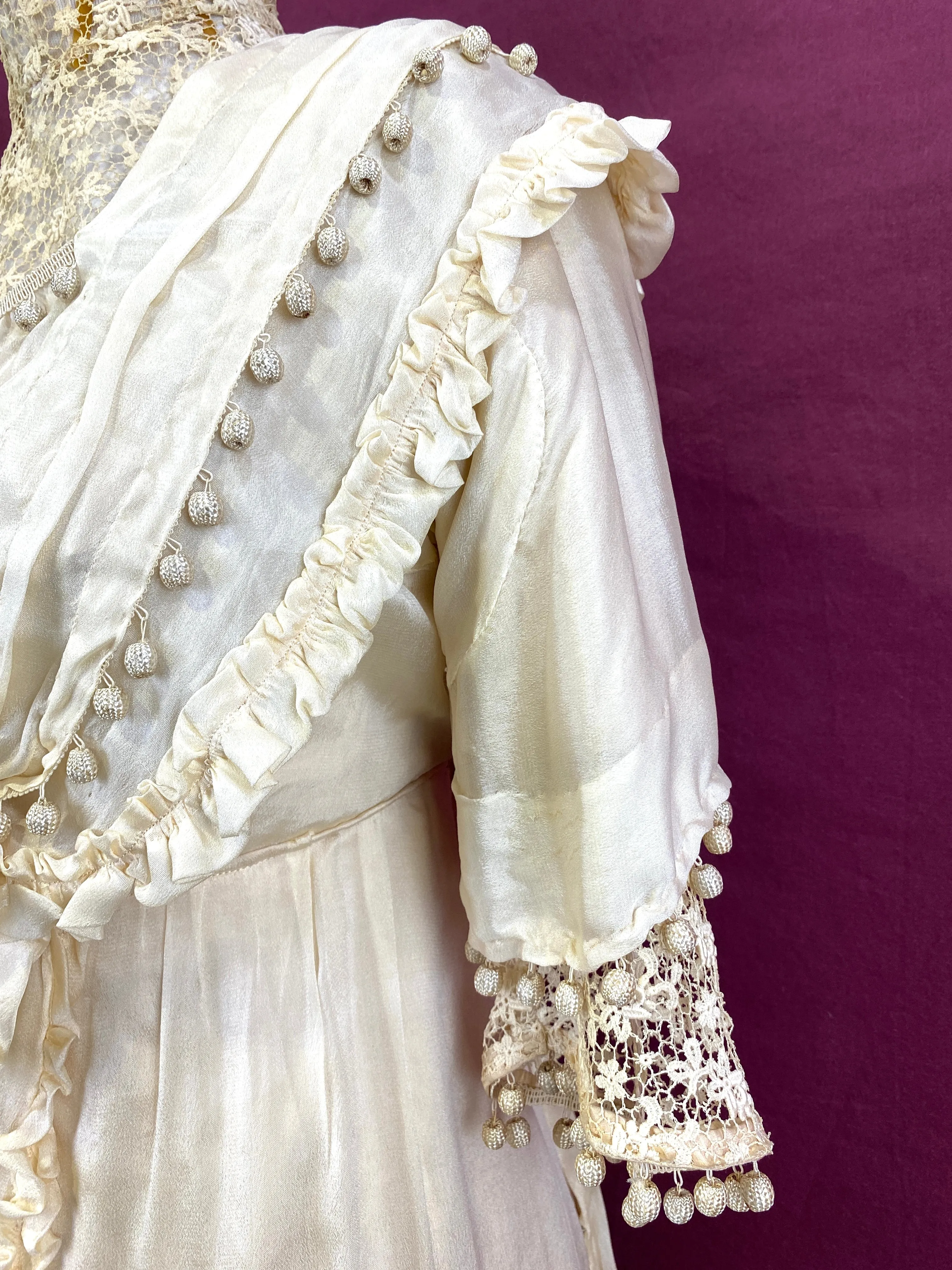 Antique Edwardian 1910s Cream Silk Chiffon & Crochet Dress, XXS