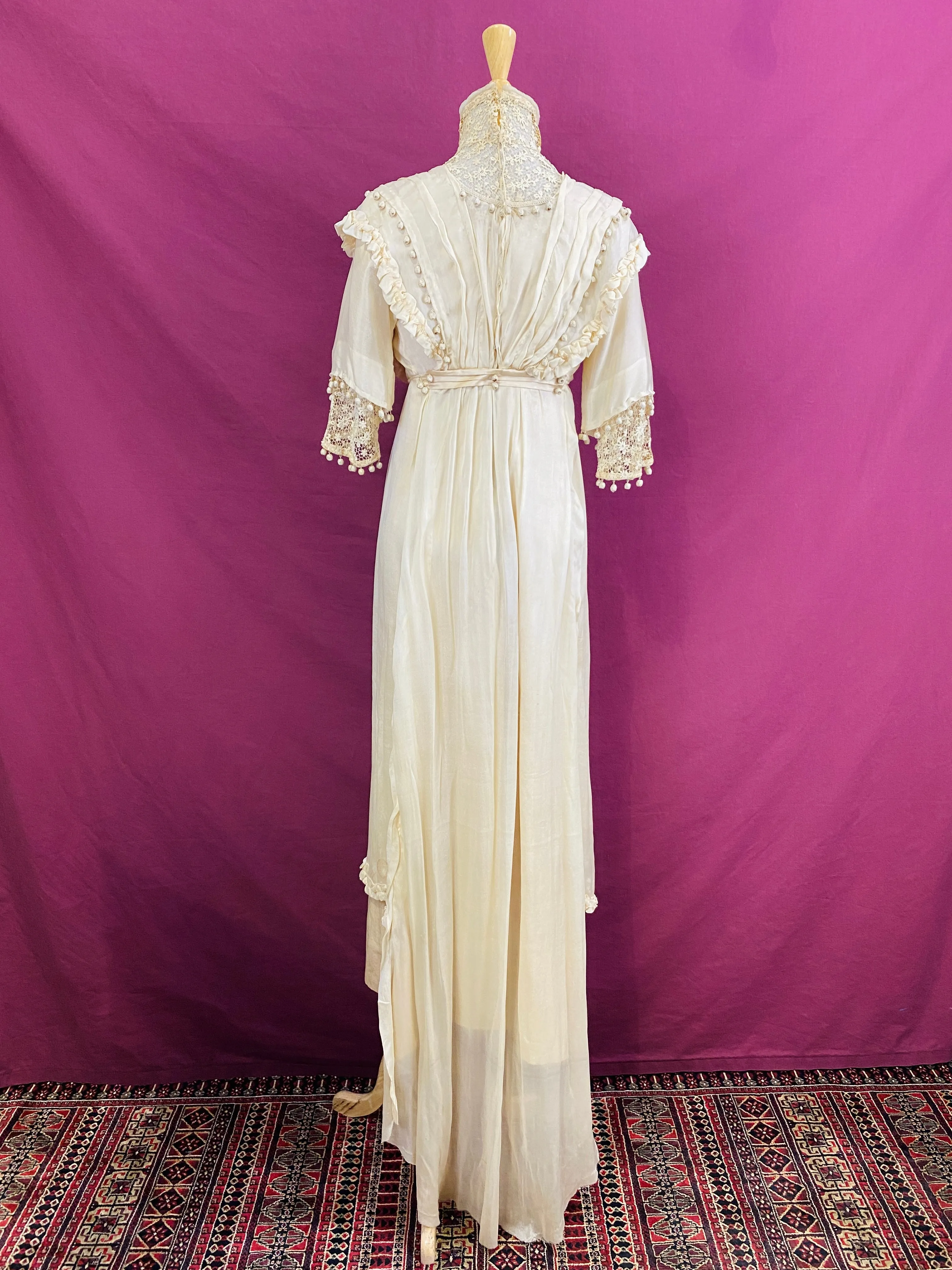 Antique Edwardian 1910s Cream Silk Chiffon & Crochet Dress, XXS