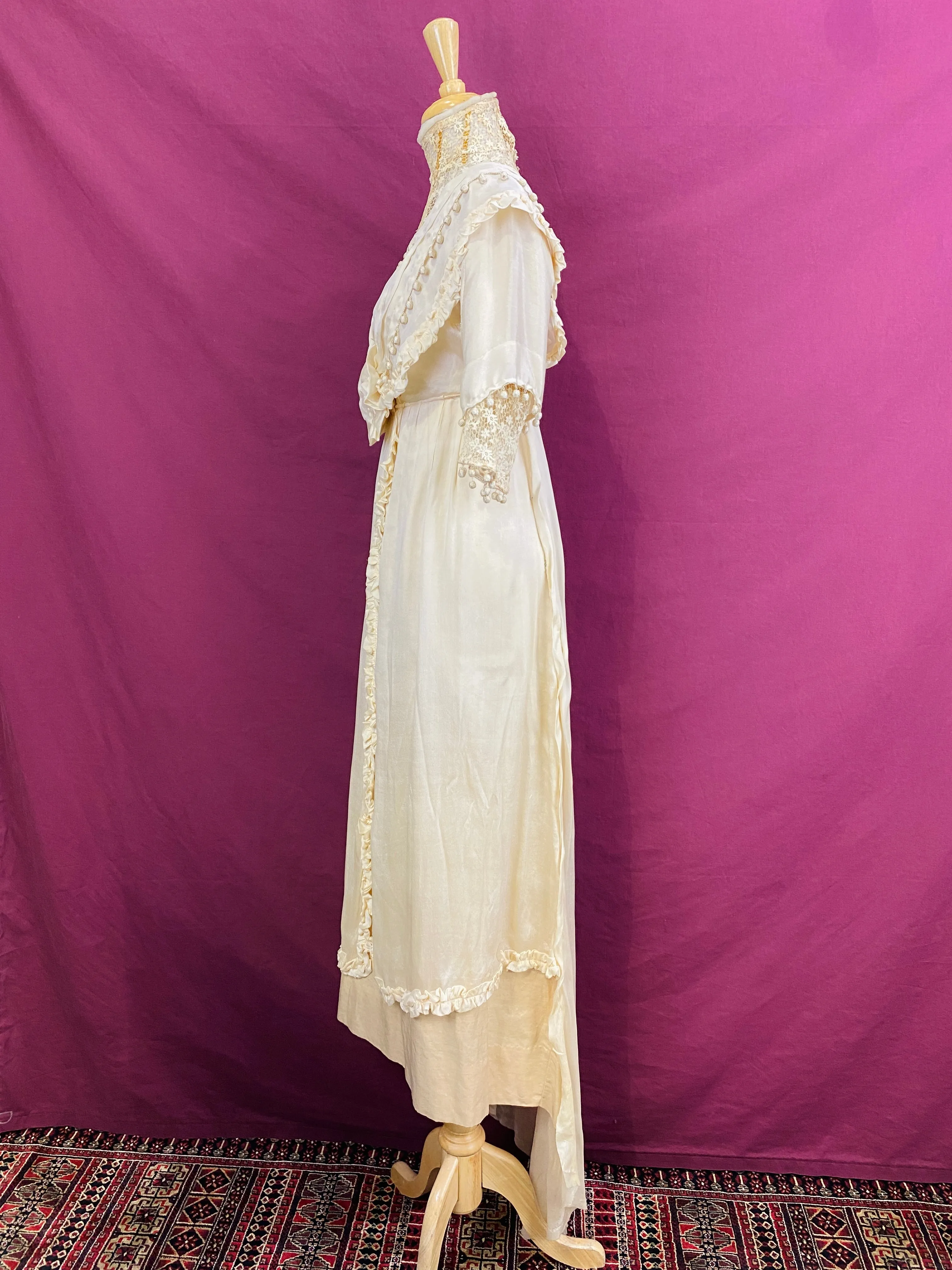 Antique Edwardian 1910s Cream Silk Chiffon & Crochet Dress, XXS