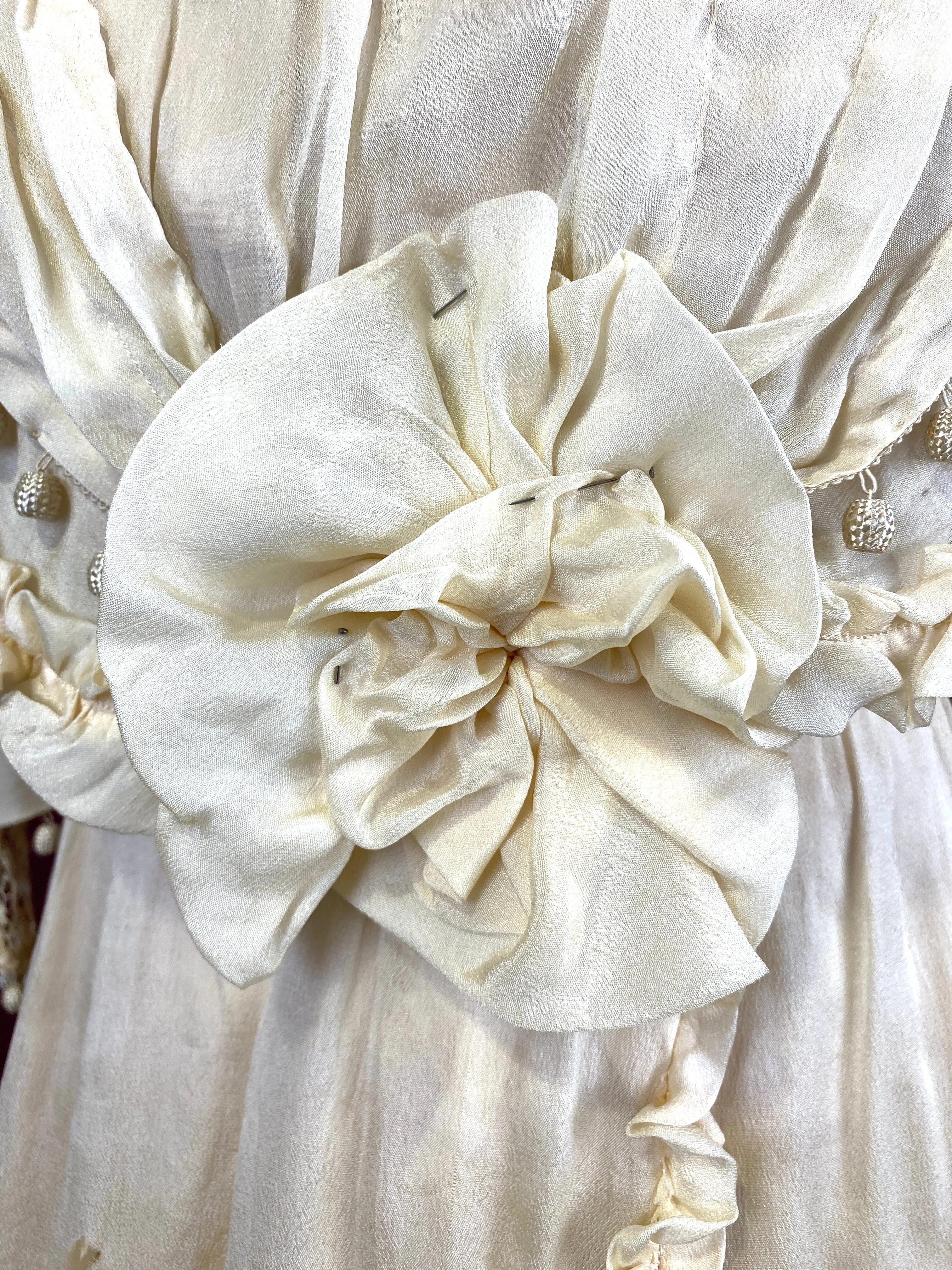 Antique Edwardian 1910s Cream Silk Chiffon & Crochet Dress, XXS