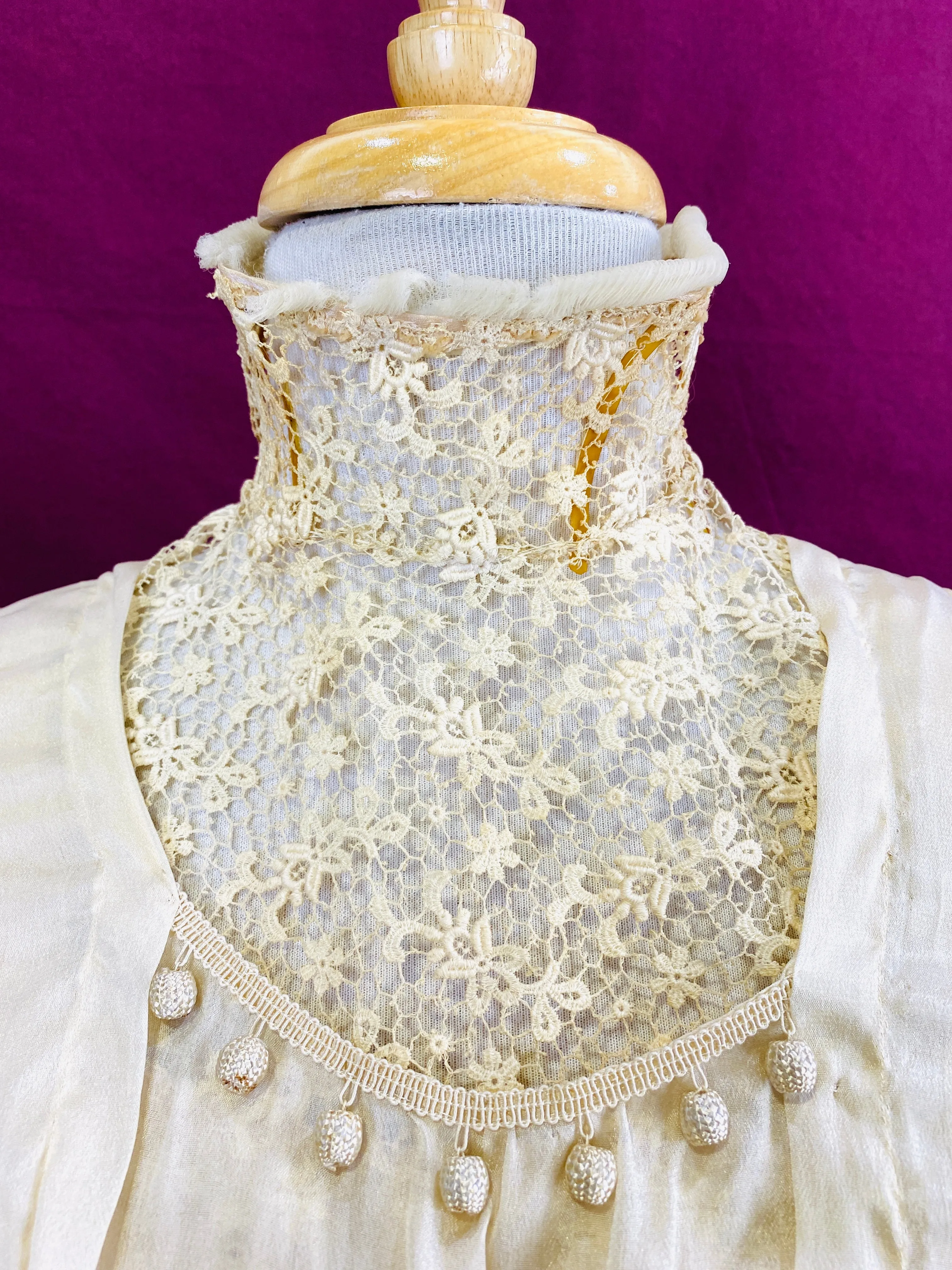 Antique Edwardian 1910s Cream Silk Chiffon & Crochet Dress, XXS