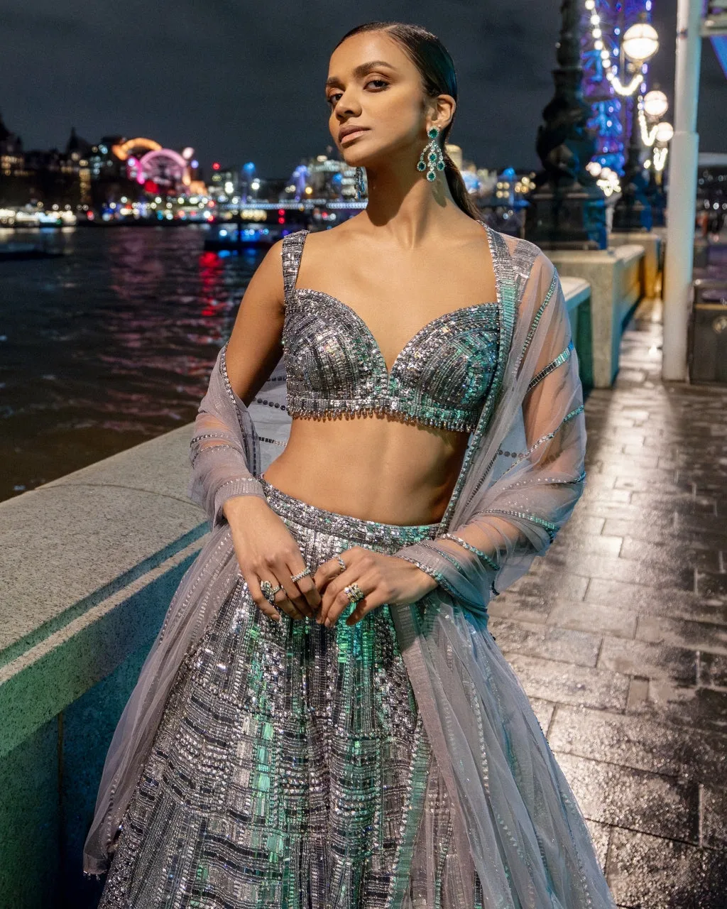 Antique Silver Sequin Lehenga Set