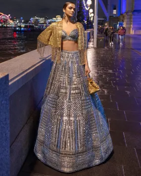 Antique Silver Sequin Lehenga Set
