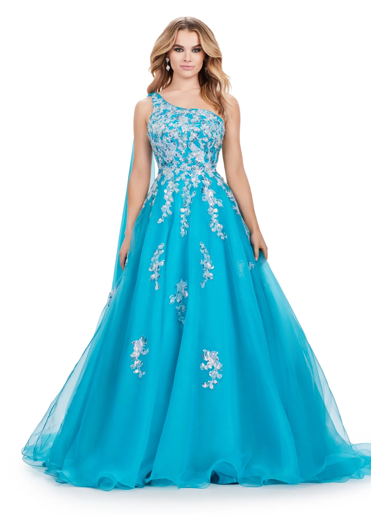 Ashley Lauren 11573 Long Prom Dress One Shoulder Organza Gown Sequin Applique Formal Pageant