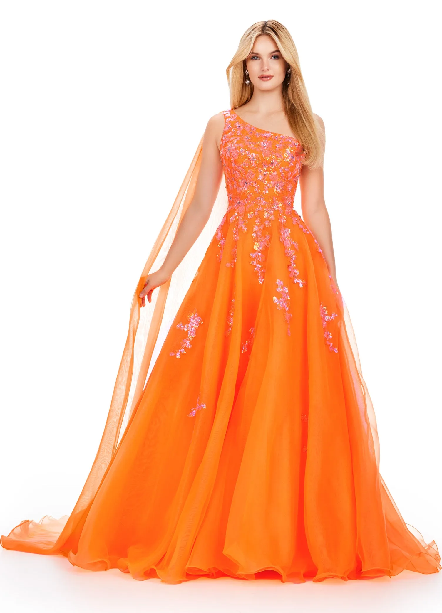 Ashley Lauren 11573 Long Prom Dress One Shoulder Organza Gown Sequin Applique Formal Pageant