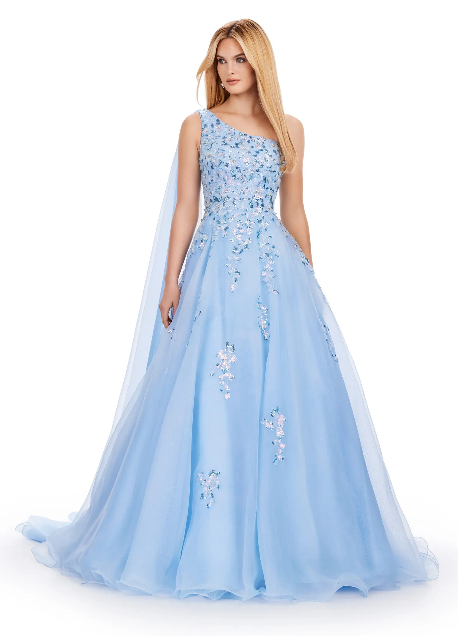 Ashley Lauren 11573 Long Prom Dress One Shoulder Organza Gown Sequin Applique Formal Pageant