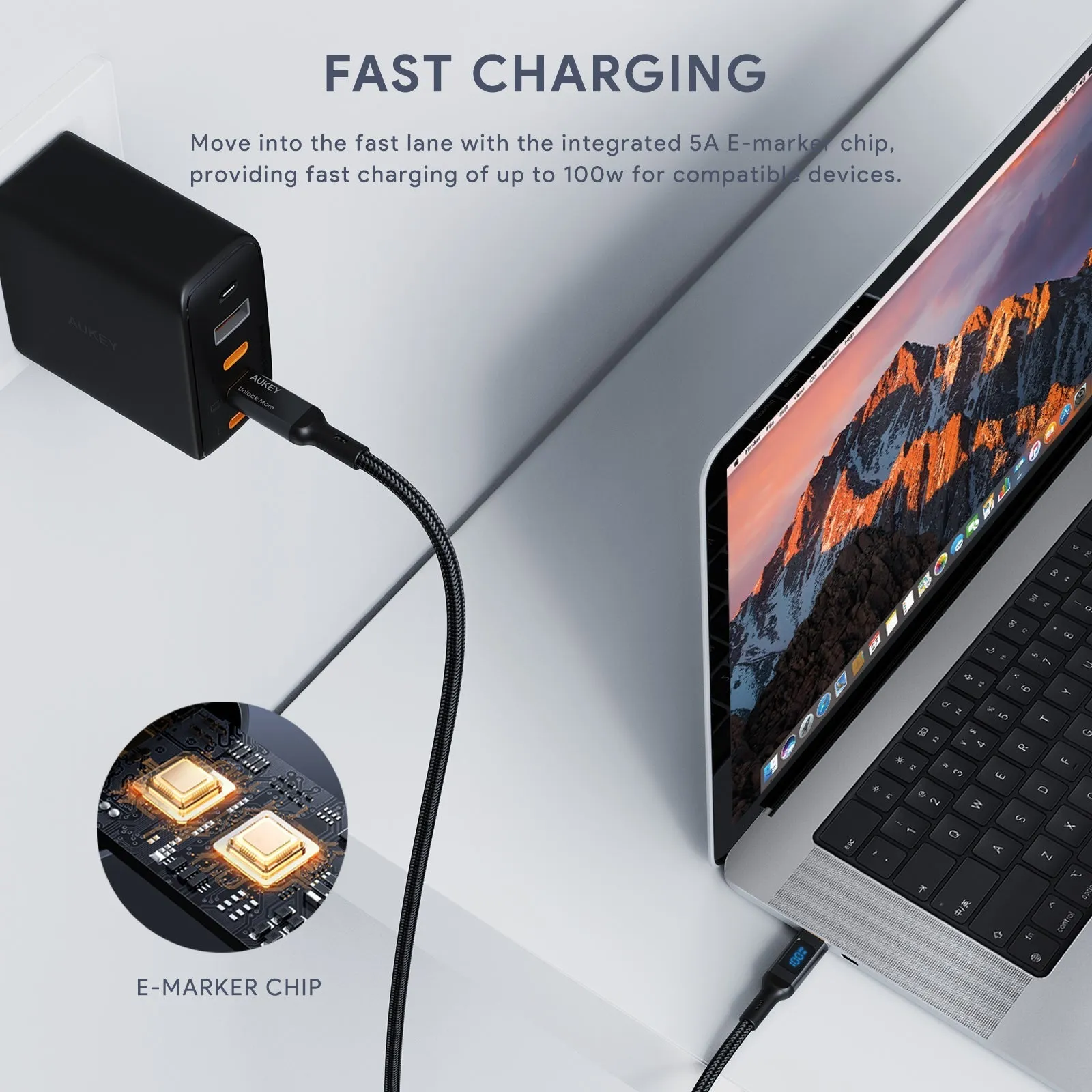 Aukey CB-MCC101/CB-MCC102 100W Nylon Braided USB C to C Cable with LCD Display (1/1.8m)