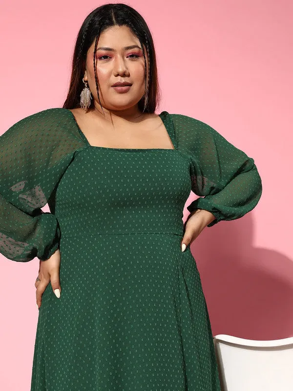 Berrylush Women Plus Size Solid Green Dobby Weave Square Neck Thigh-High Slit Flared Maxi Dress