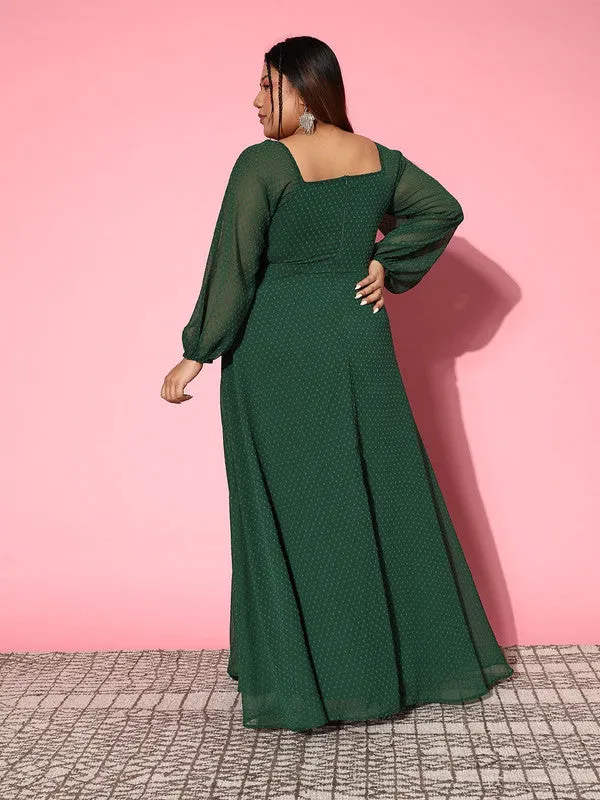 Berrylush Women Plus Size Solid Green Dobby Weave Square Neck Thigh-High Slit Flared Maxi Dress