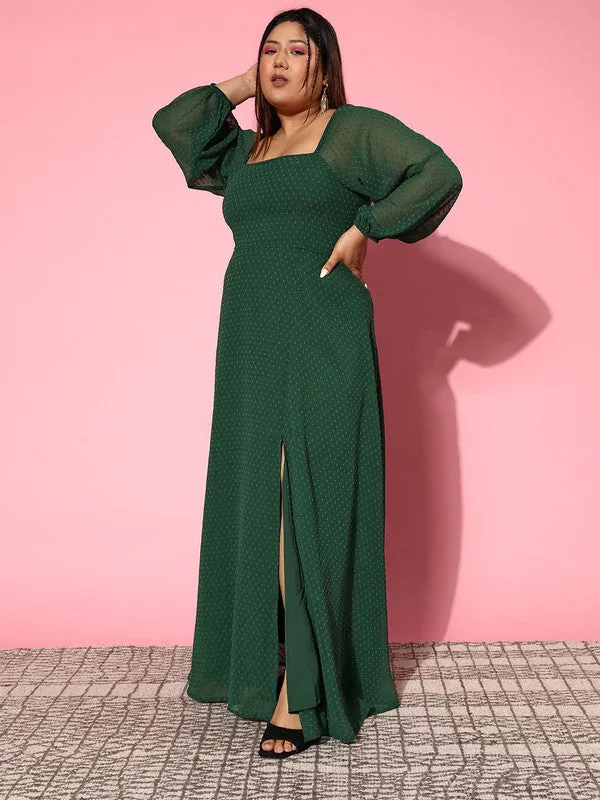 Berrylush Women Plus Size Solid Green Dobby Weave Square Neck Thigh-High Slit Flared Maxi Dress