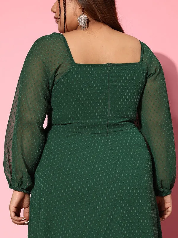 Berrylush Women Plus Size Solid Green Dobby Weave Square Neck Thigh-High Slit Flared Maxi Dress