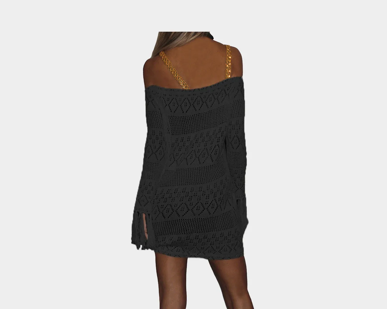Black and Gold Sequins Strap Apres Beach Cover-up - The Tuscany