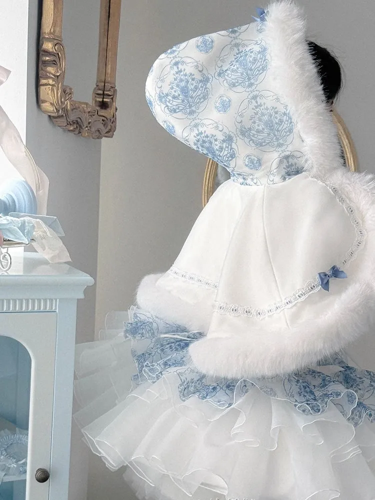 Blue and White Porcelain Strapless Corset Dress   Plush Trimming Hooded Cape