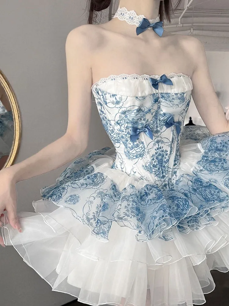 Blue and White Porcelain Strapless Corset Dress   Plush Trimming Hooded Cape