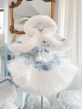 Blue and White Porcelain Strapless Corset Dress   Plush Trimming Hooded Cape