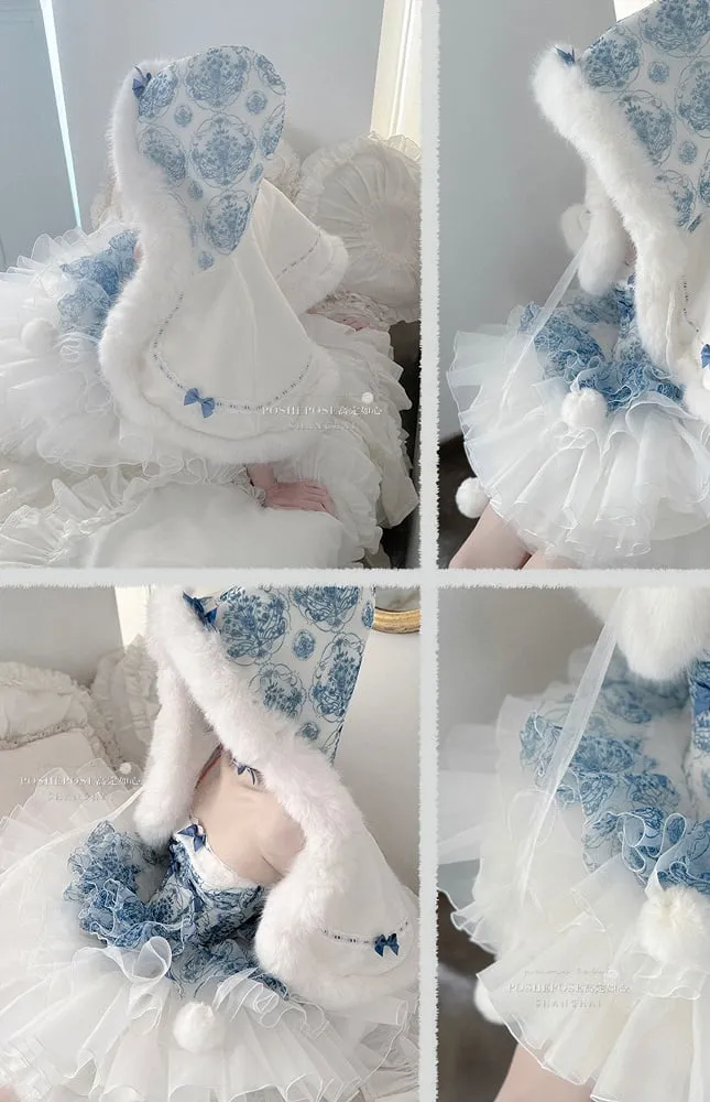 Blue and White Porcelain Strapless Corset Dress   Plush Trimming Hooded Cape