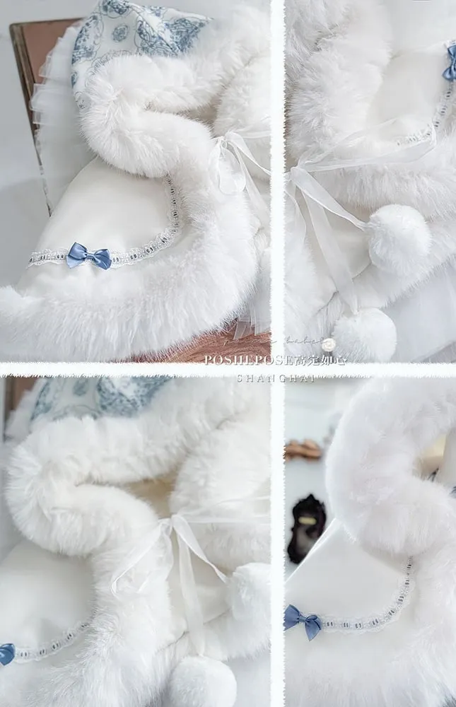 Blue and White Porcelain Strapless Corset Dress   Plush Trimming Hooded Cape