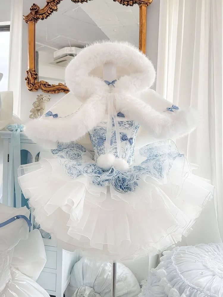 Blue and White Porcelain Strapless Corset Dress   Plush Trimming Hooded Cape