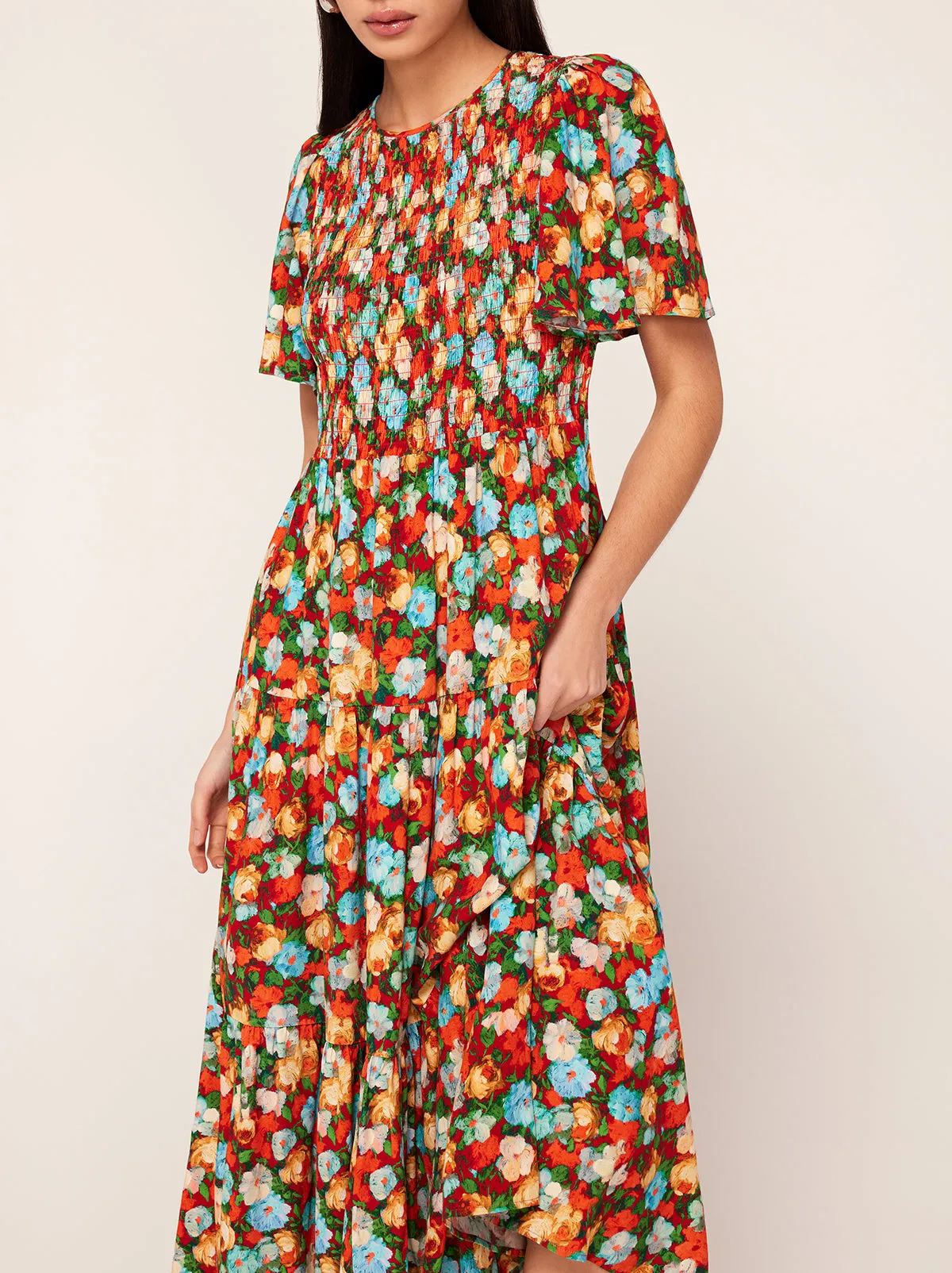 Bridget Blue Impressionist Floral Print Shirred Dress