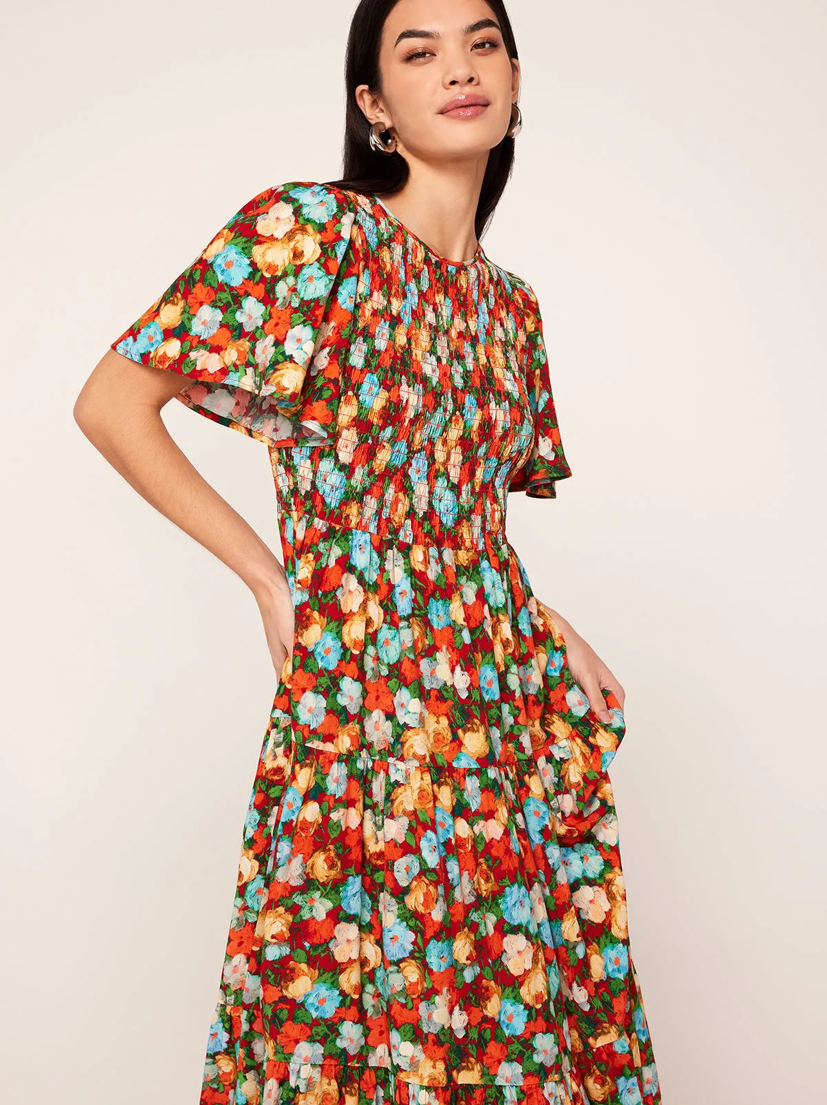 Bridget Blue Impressionist Floral Print Shirred Dress