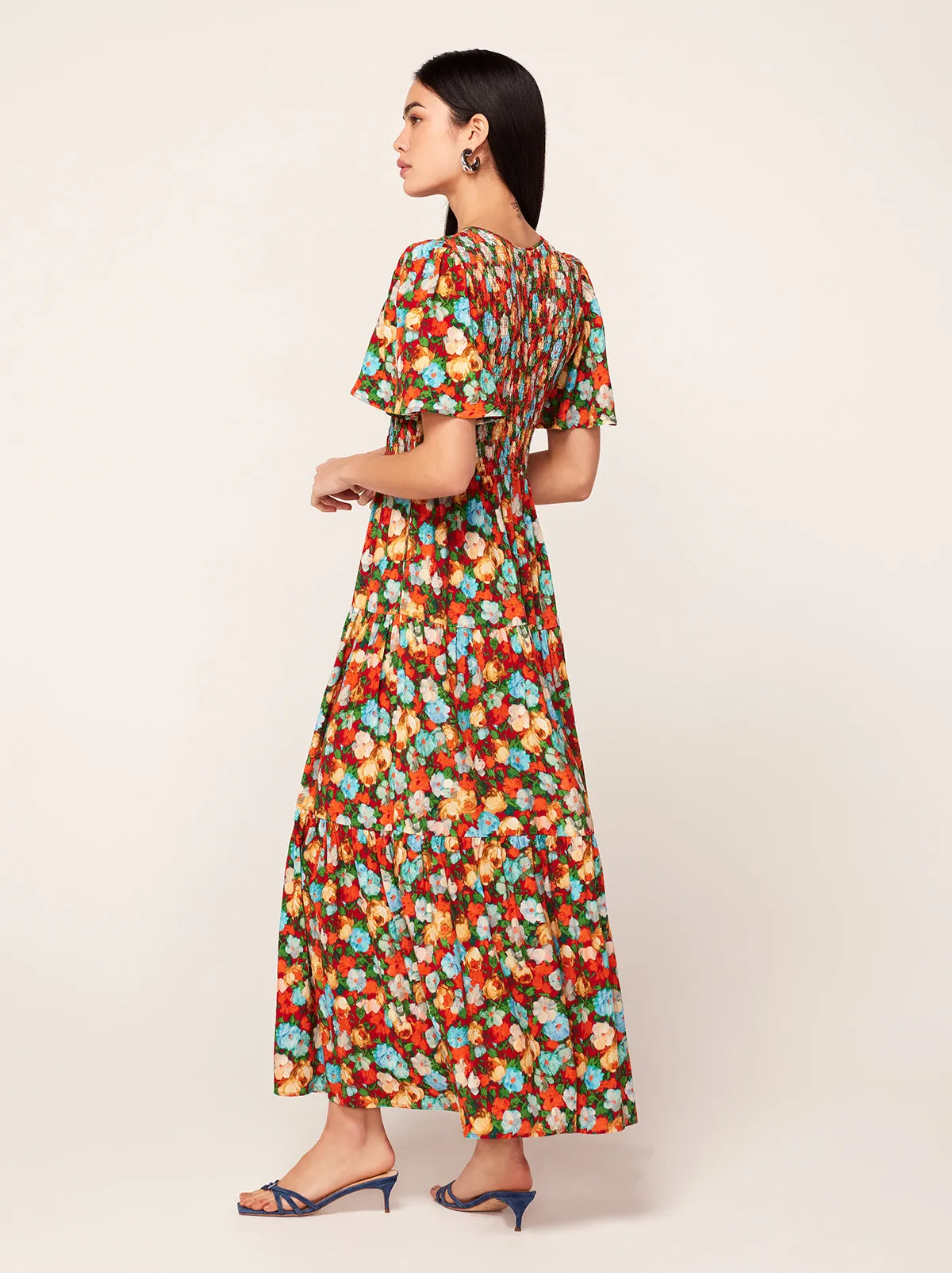 Bridget Blue Impressionist Floral Print Shirred Dress