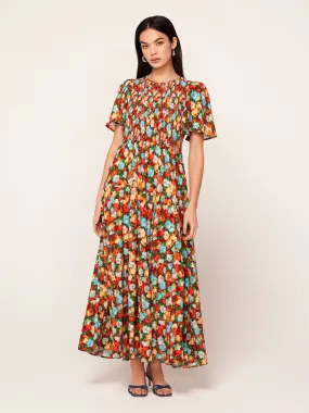 Bridget Blue Impressionist Floral Print Shirred Dress
