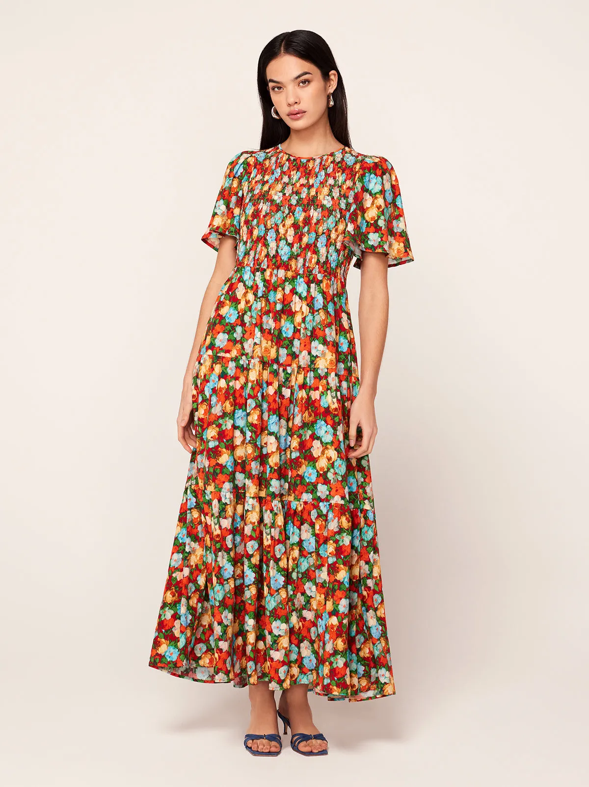 Bridget Blue Impressionist Floral Print Shirred Dress