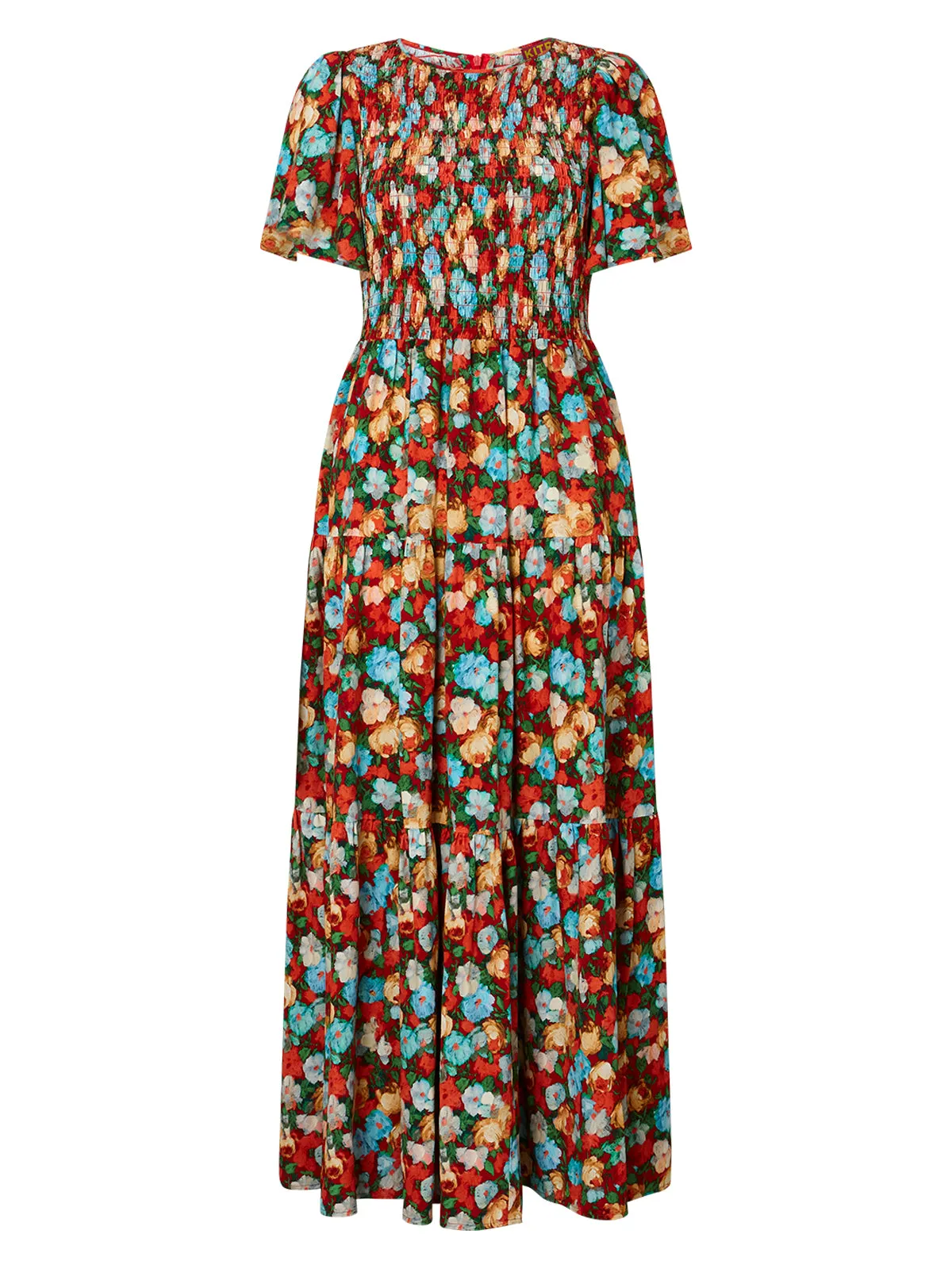 Bridget Blue Impressionist Floral Print Shirred Dress