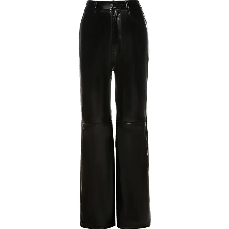 Brown Black Retro Pu Leather High Waist Pants