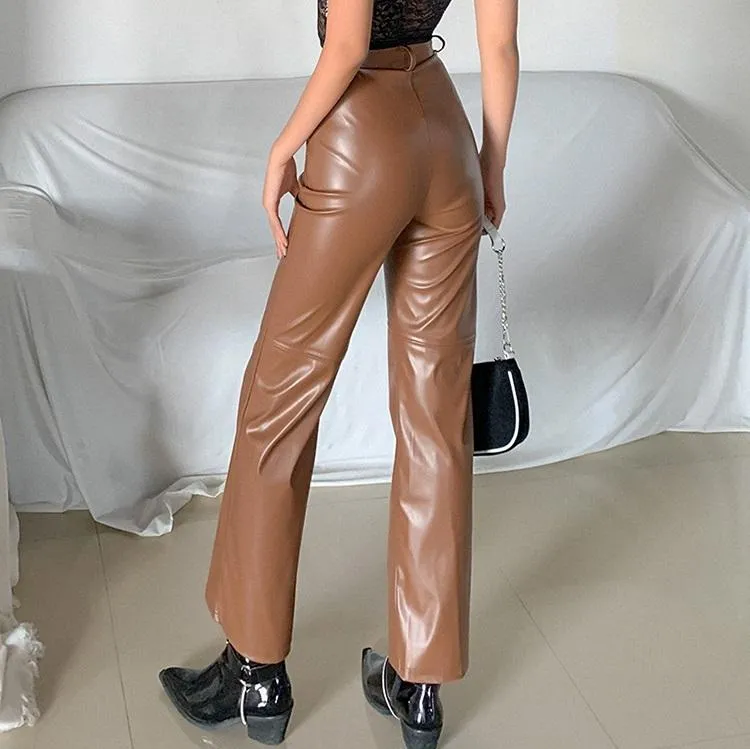 Brown Black Retro Pu Leather High Waist Pants