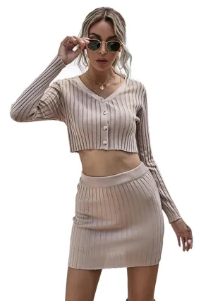 Button Front Crop Sweater And Skirt Set