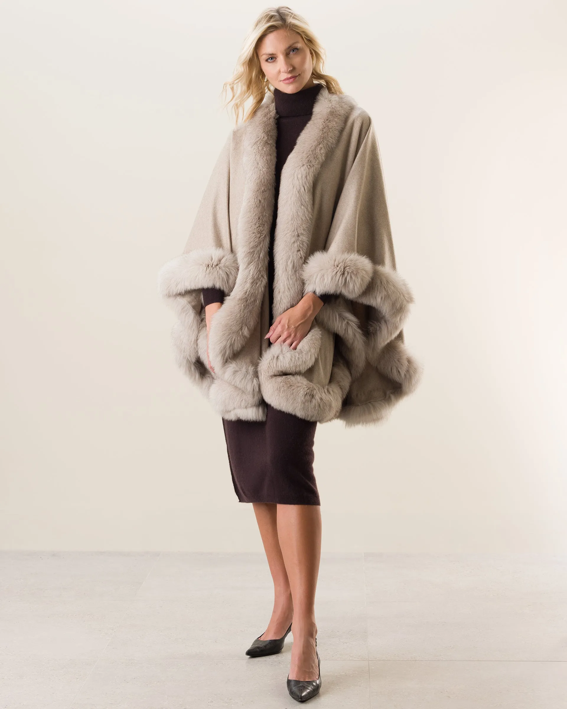 Cervinia Fur Trimmed Cashmere Cape Classic Length
