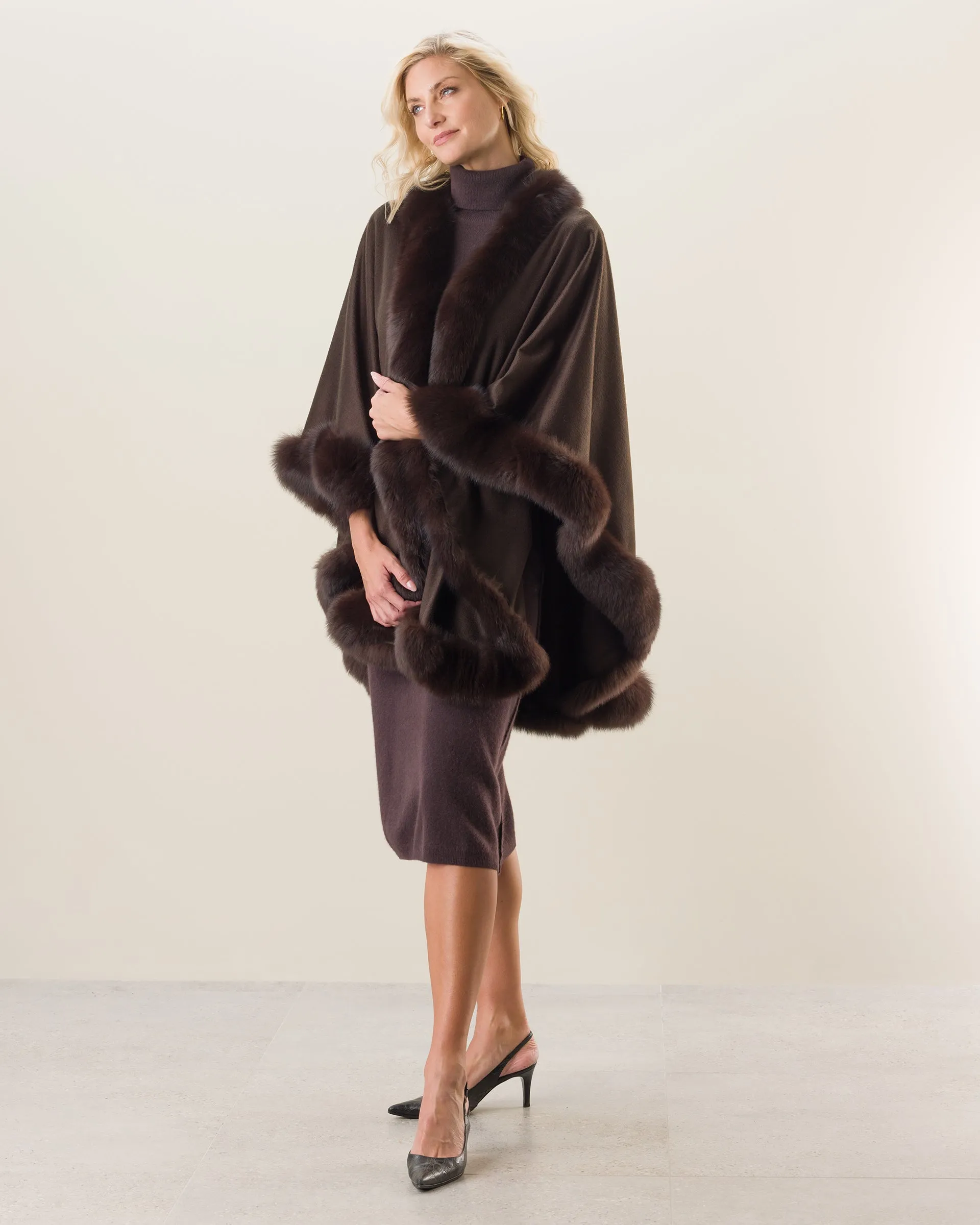 Cervinia Fur Trimmed Cashmere Cape Classic Length