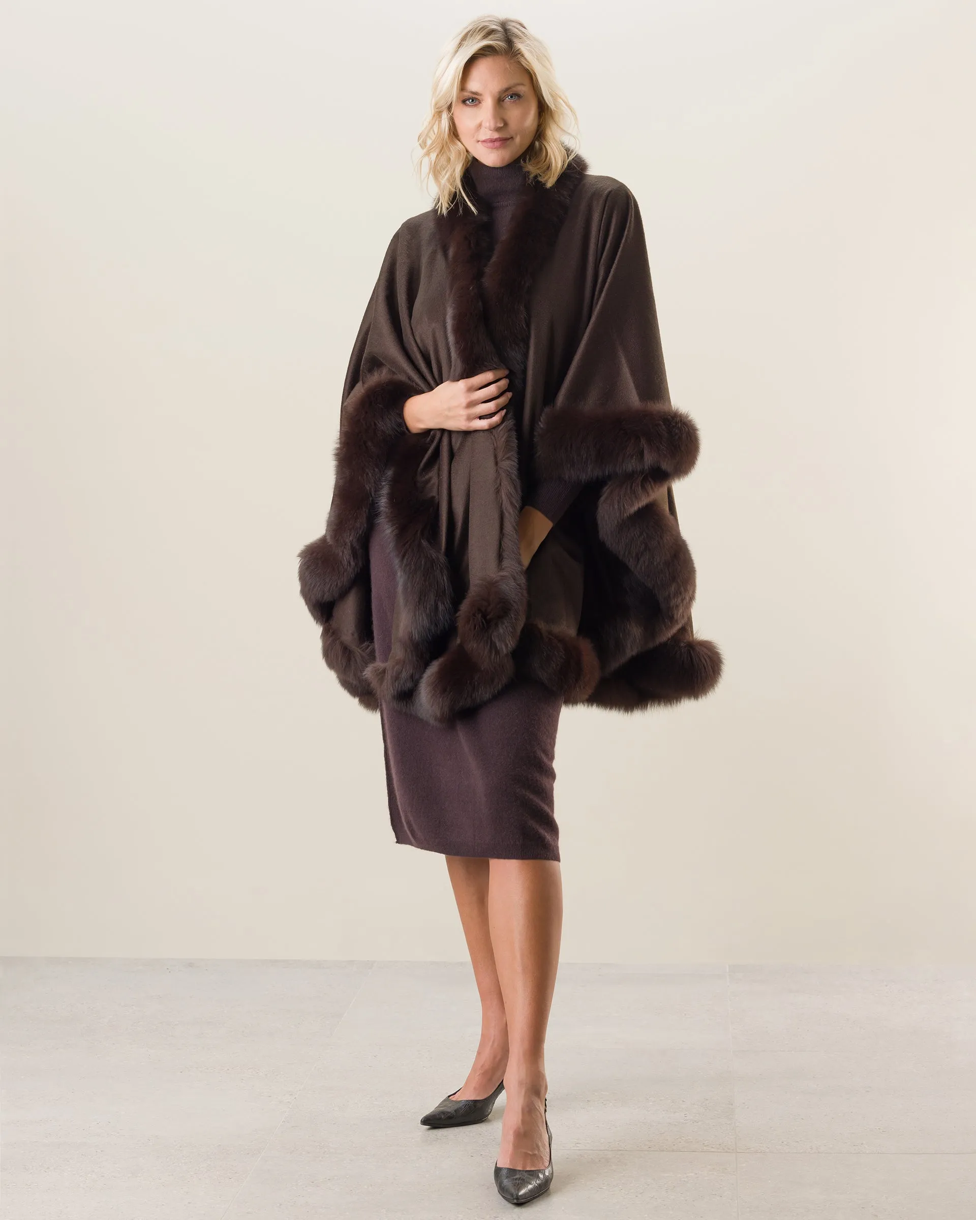 Cervinia Fur Trimmed Cashmere Cape Classic Length