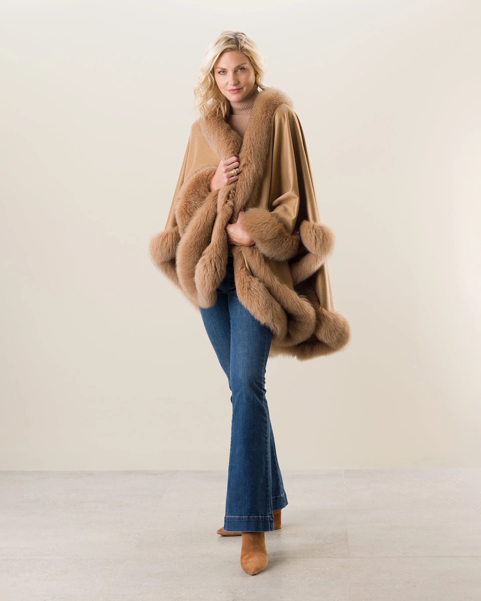 Cervinia Fur Trimmed Cashmere Cape Classic Length
