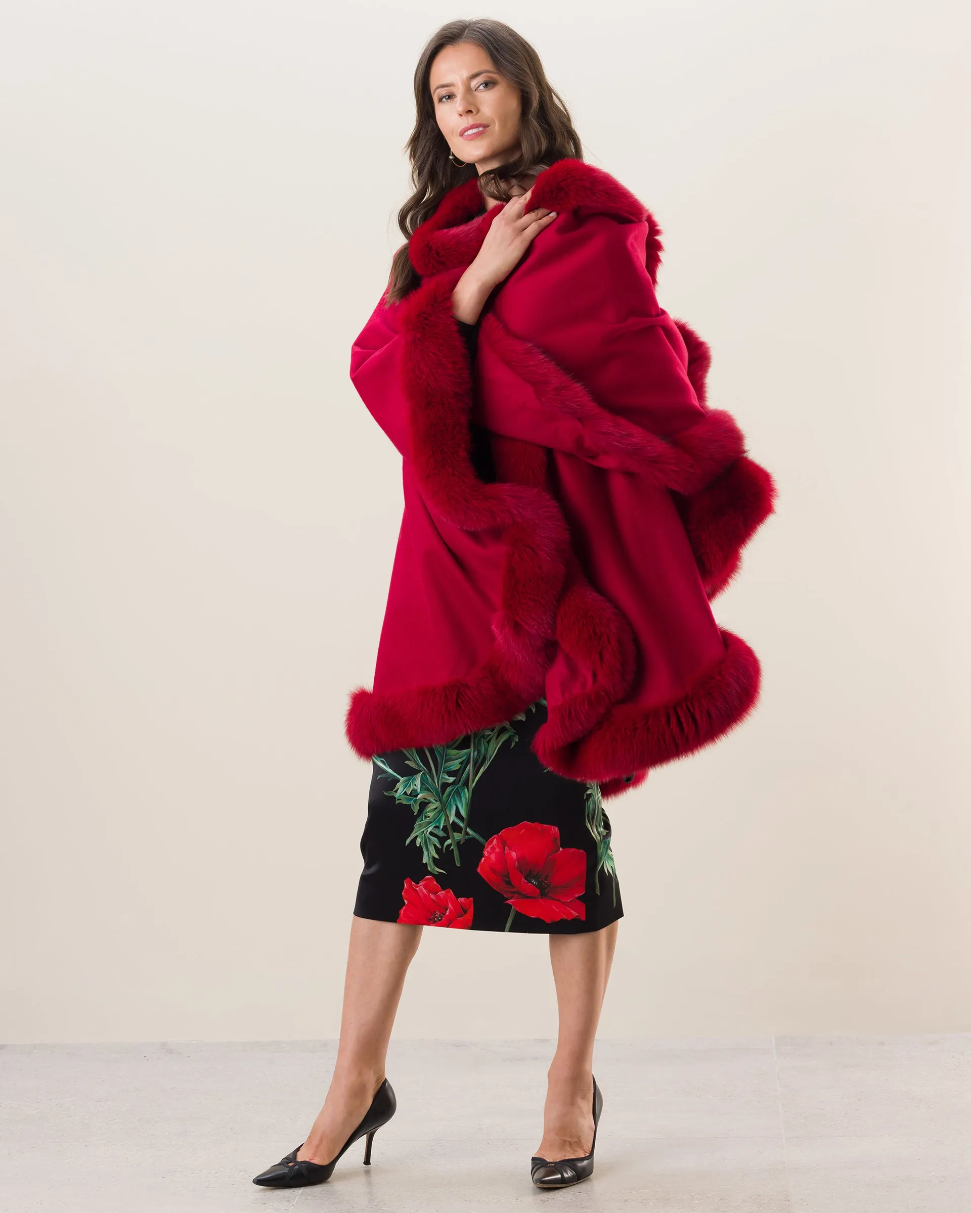 Cervinia Fur Trimmed Cashmere Cape Classic Length