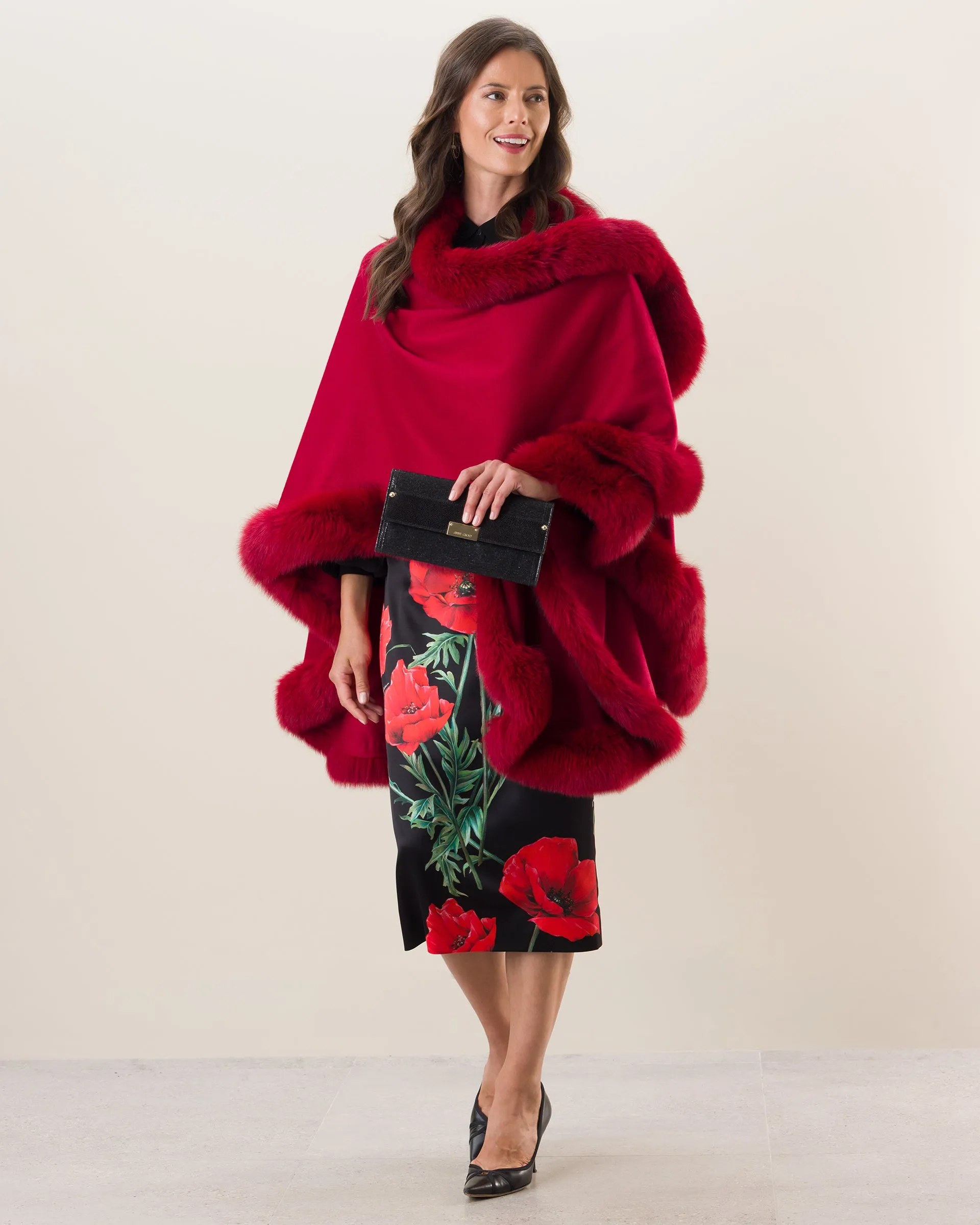 Cervinia Fur Trimmed Cashmere Cape Classic Length