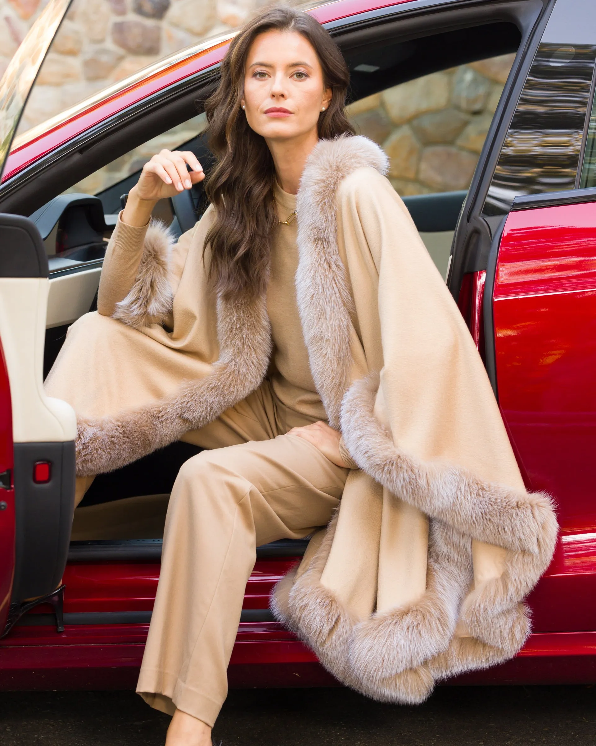 Cervinia Fur Trimmed Cashmere Cape Classic Length