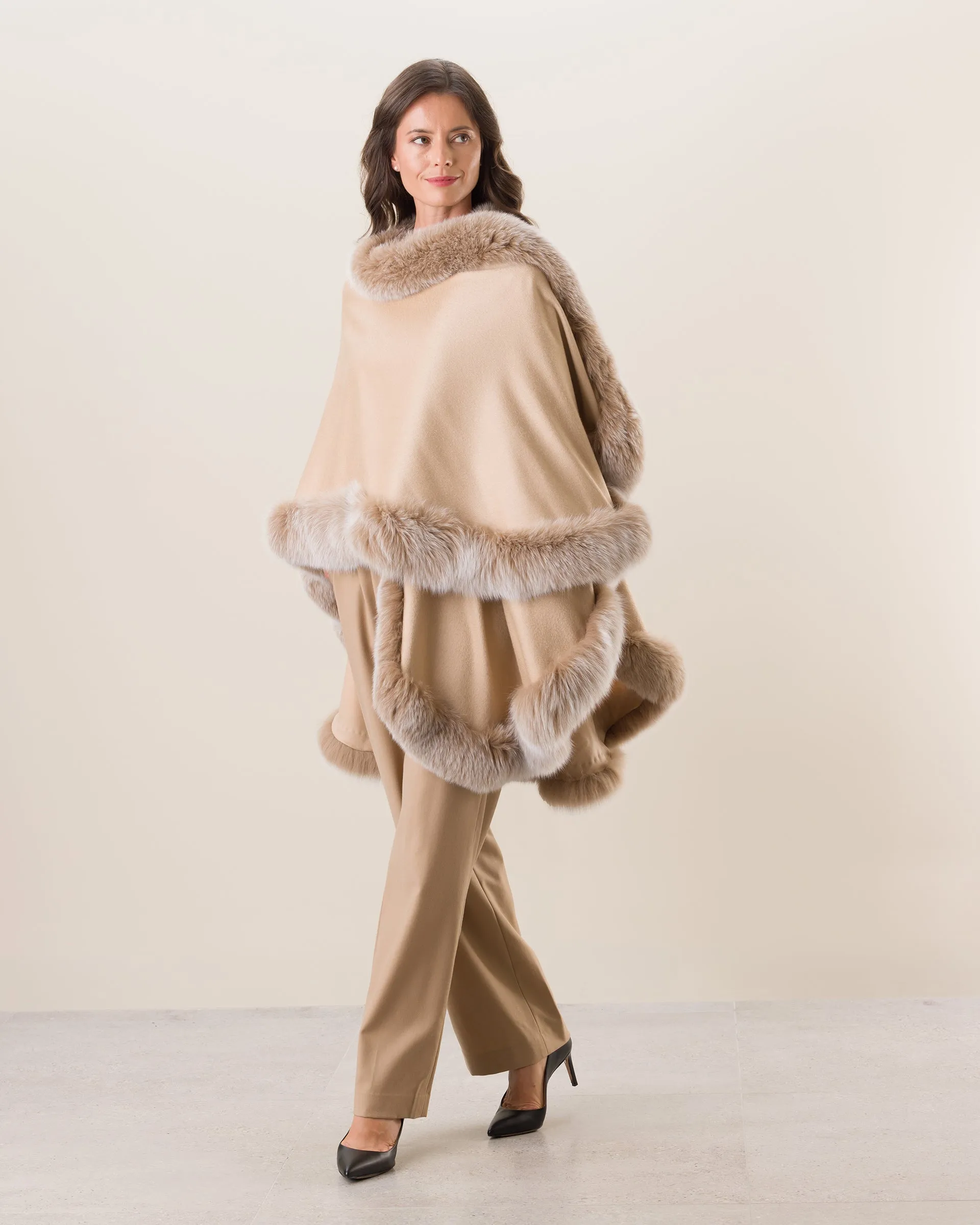 Cervinia Fur Trimmed Cashmere Cape Classic Length