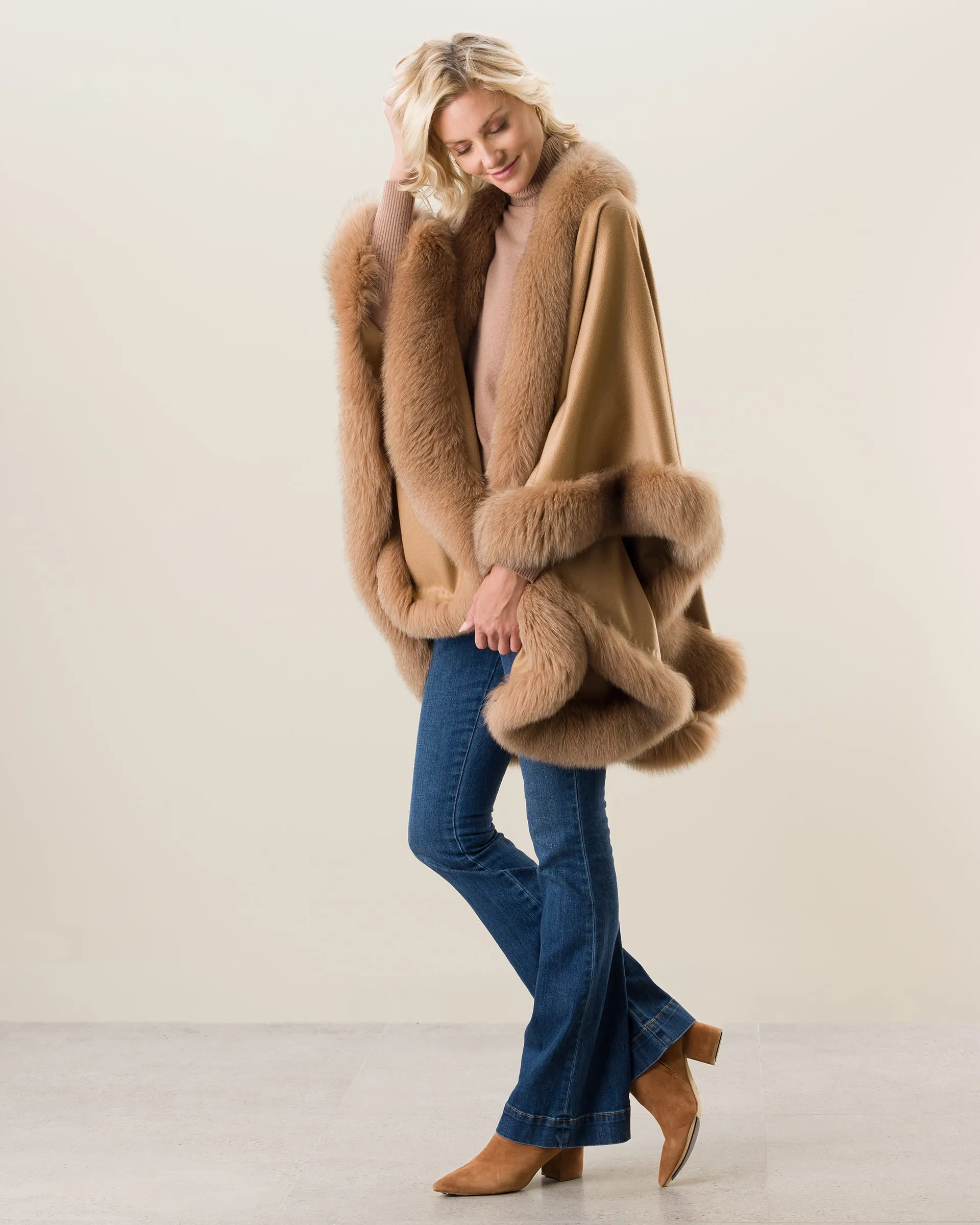 Cervinia Fur Trimmed Cashmere Cape Classic Length