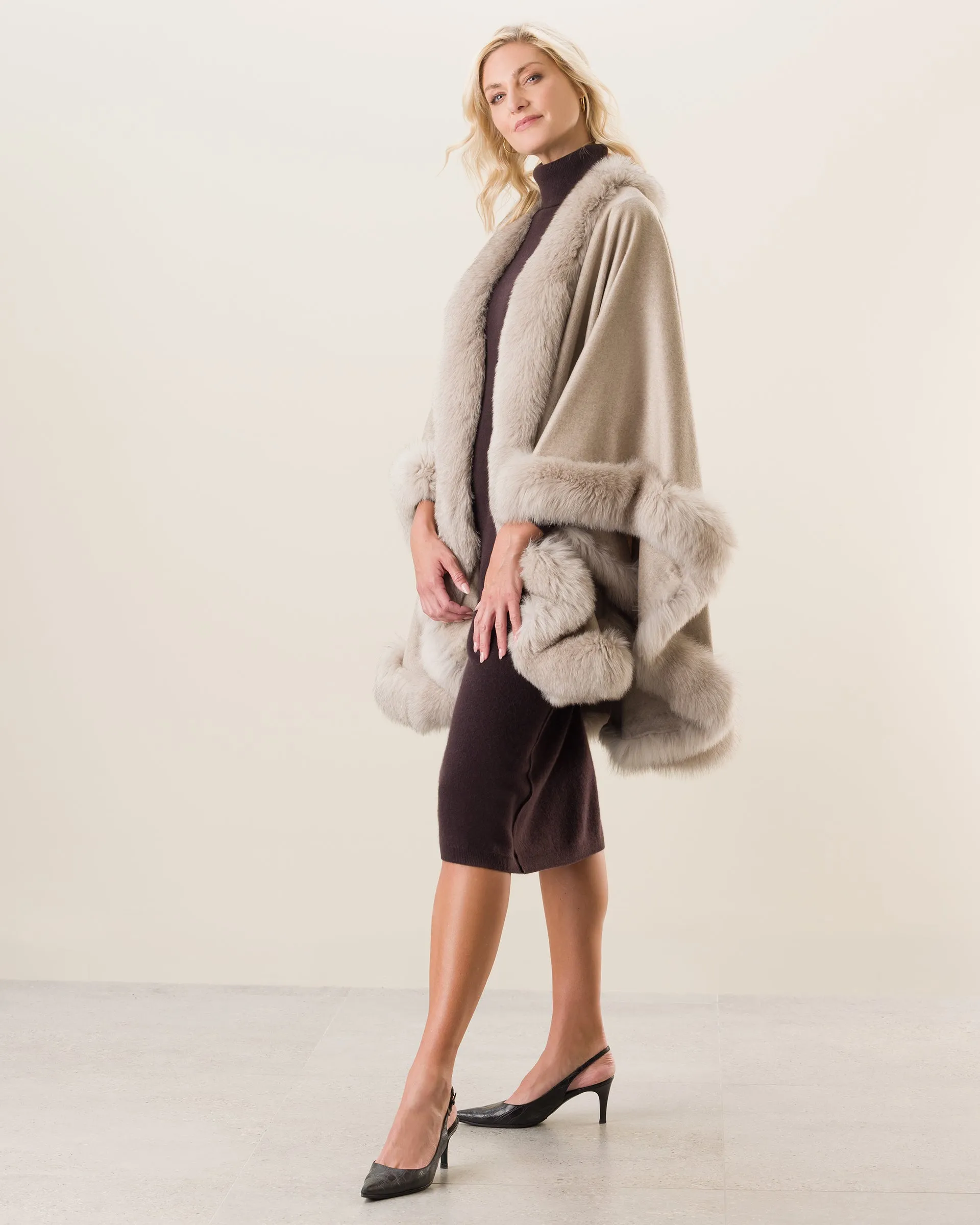 Cervinia Fur Trimmed Cashmere Cape Classic Length