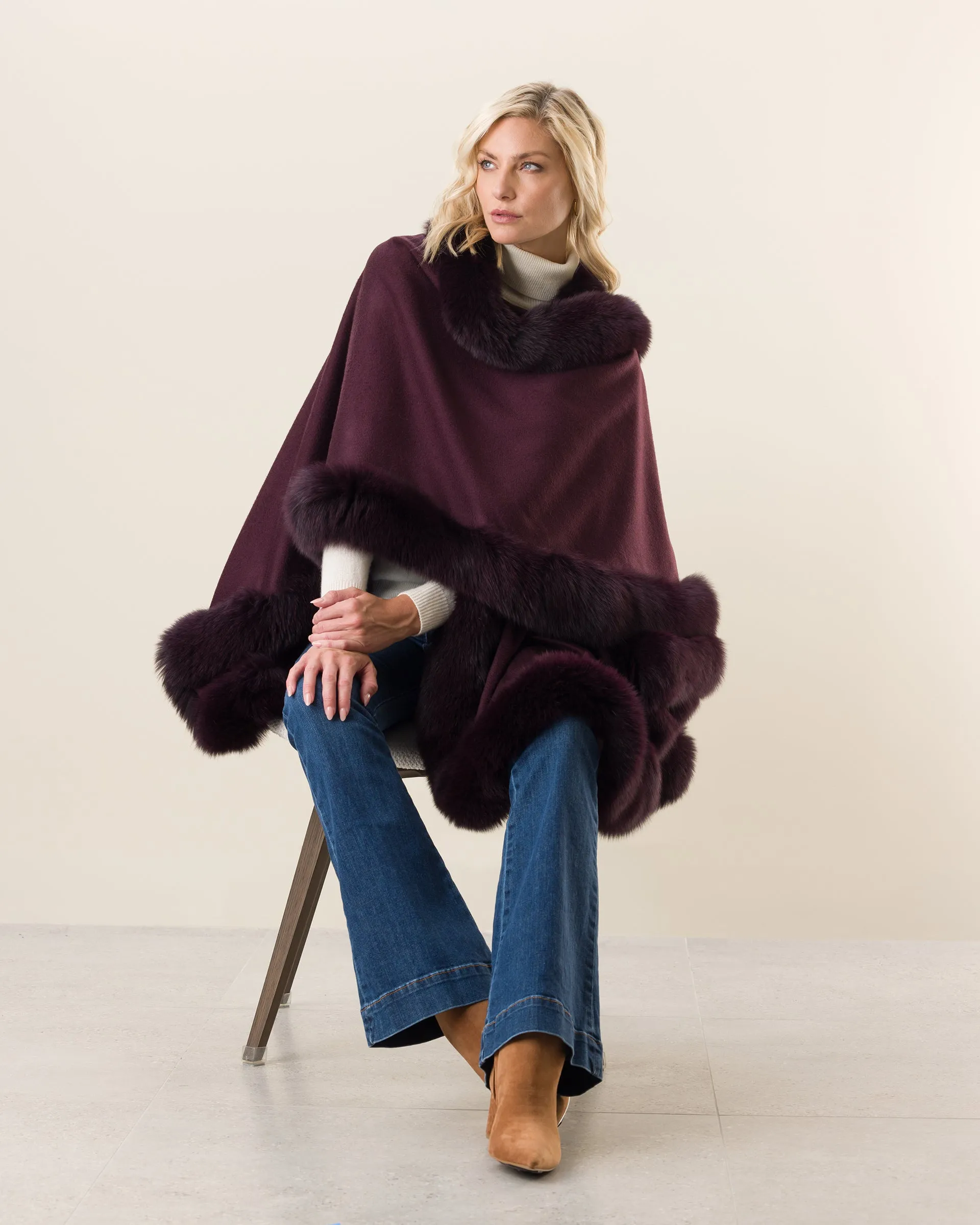 Cervinia Fur Trimmed Cashmere Cape Classic Length