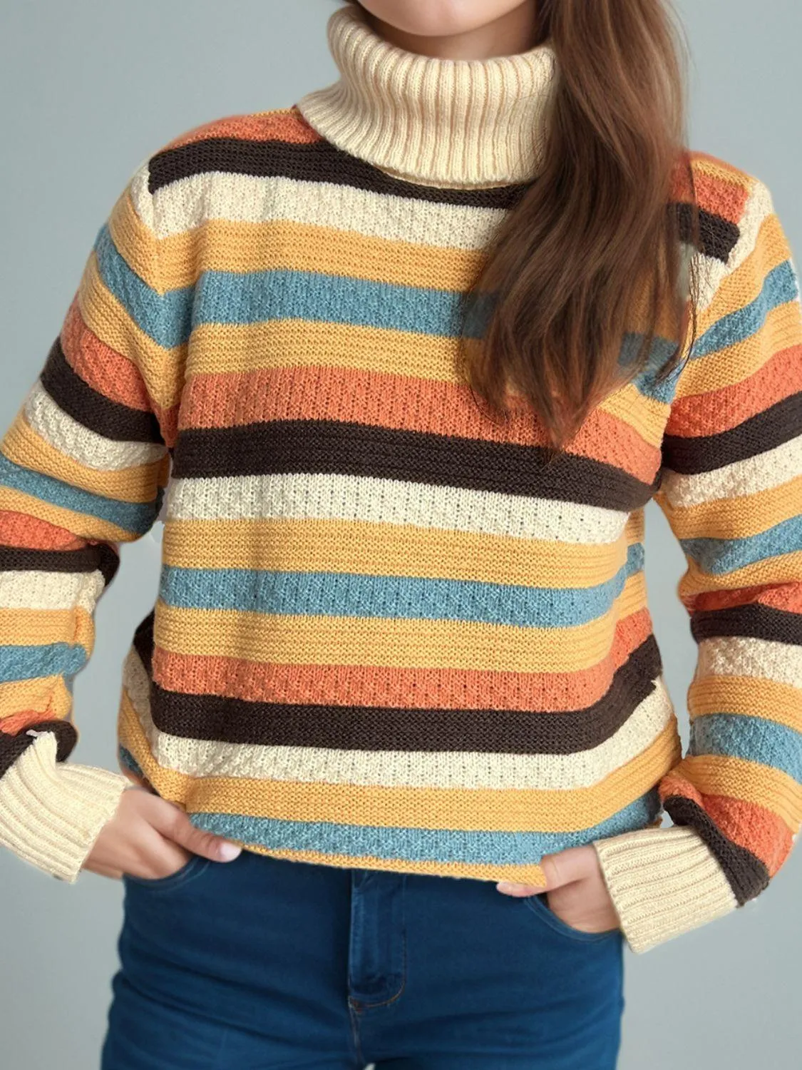 Contrast Stripes Turtleneck Long Sleeve Sweater winter fashion