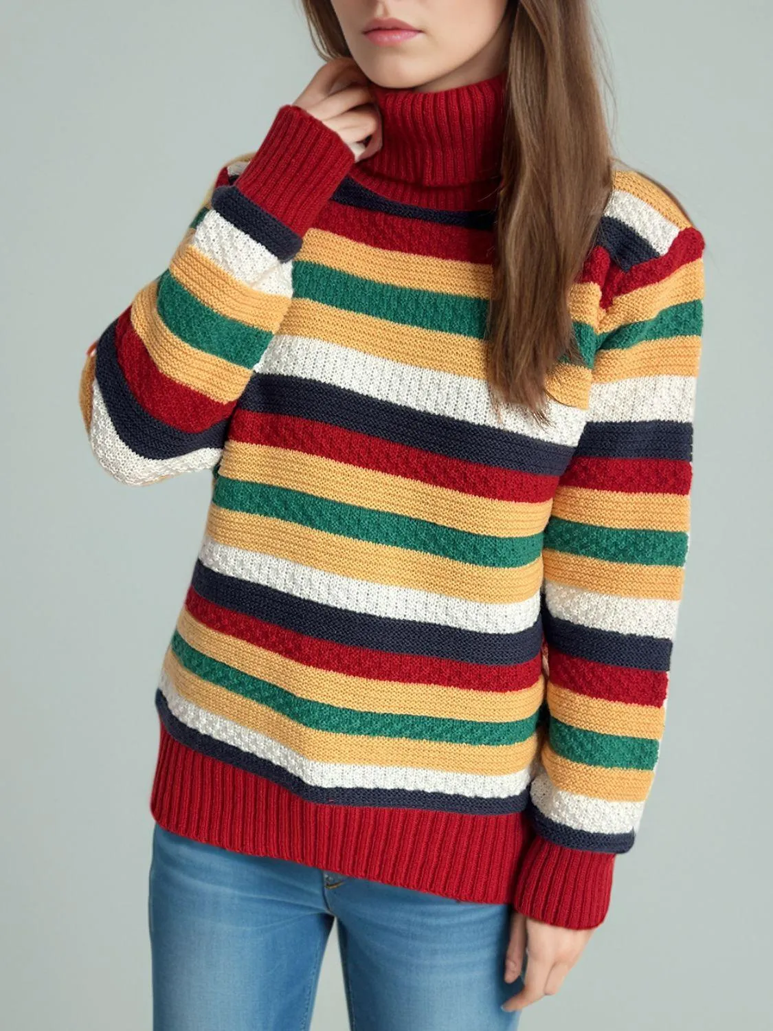 Contrast Stripes Turtleneck Long Sleeve Sweater winter fashion
