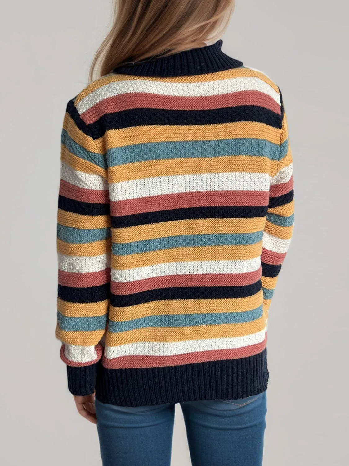 Contrast Stripes Turtleneck Long Sleeve Sweater winter fashion
