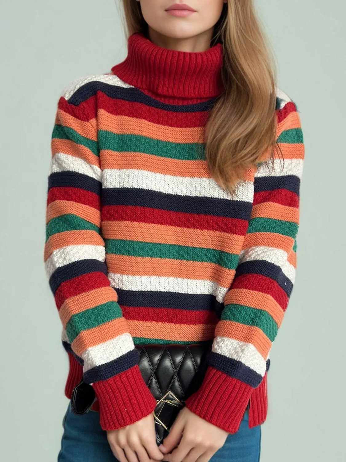 Contrast Stripes Turtleneck Long Sleeve Sweater winter fashion